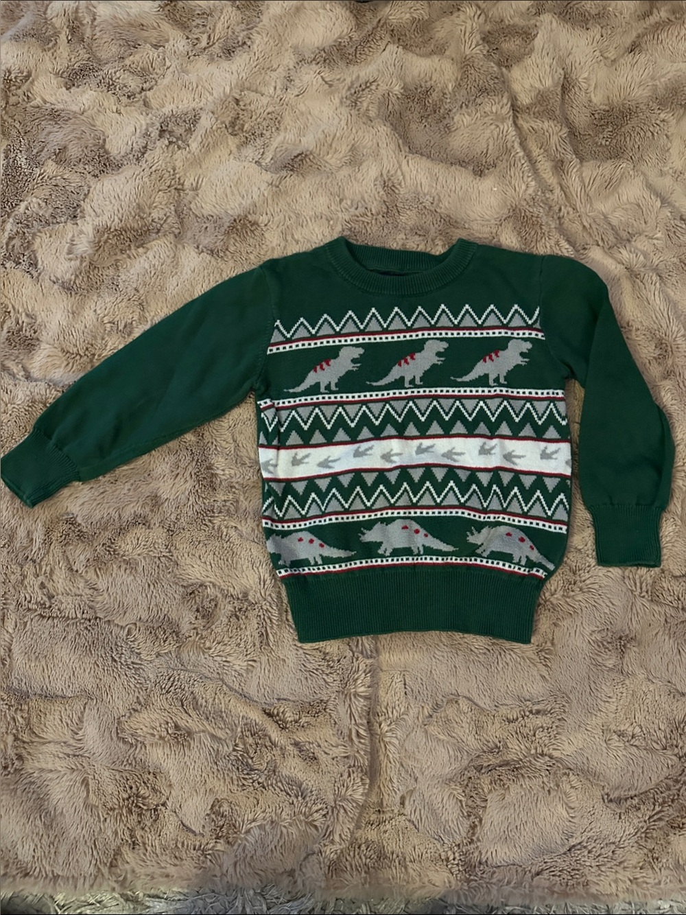 Andy & Evan Green Crewneck Sweater with Gray and Red Dinosaur Pattern